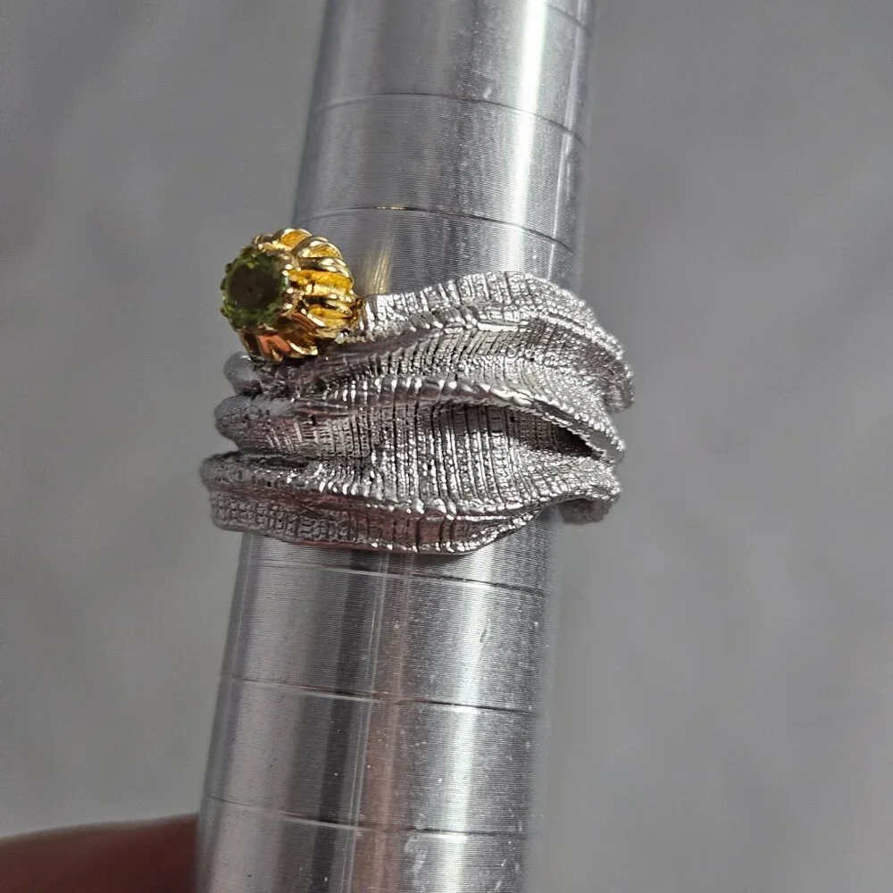 German Kabirski 925 Silver Blessing Peridot Ring sz 7.5 Gold Plated Rhodium